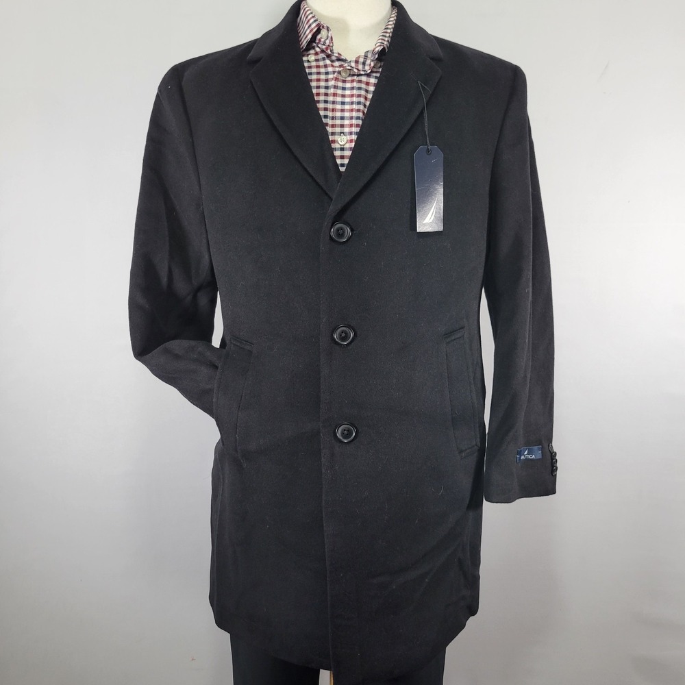 Nautica CAMBER Men's‎ Overcoat Flannel Wool Blend Black Size 40R